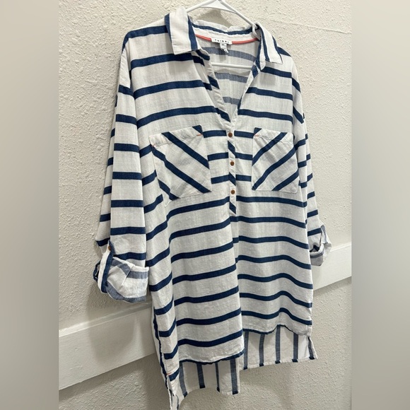 Tribal White and Blue Stripe Cotton 3/4 Sleeve Tab Half Button Down Top Size L - Picture 4 of 8